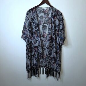 LulaRoe Monroe Sheer Paisley Kimono Fringe Trim Lagenlook Boho Size Large